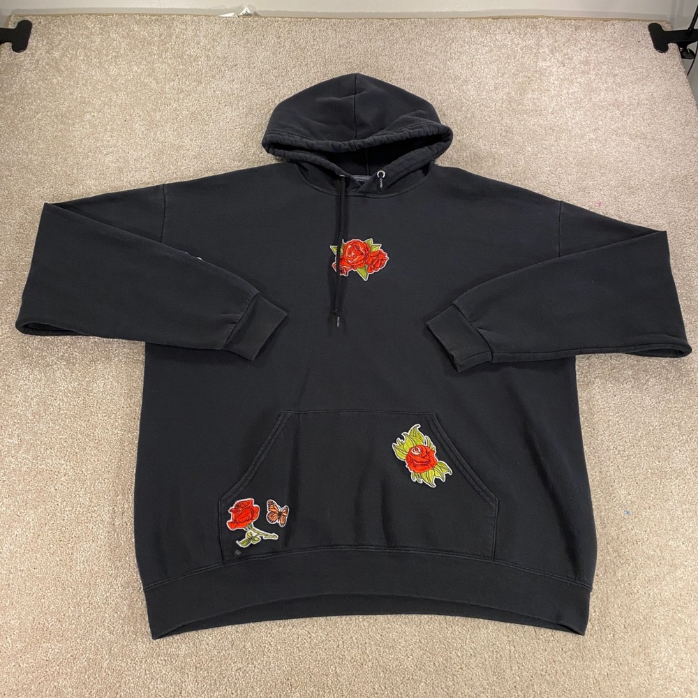 Fruit of the Loom‎ Hoodie Womens XL Black Rose Butterfly Patch Pullover
